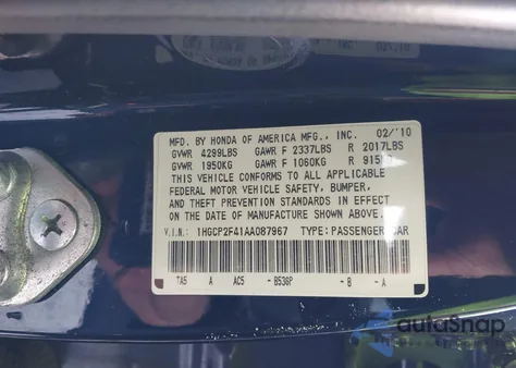 2010 Honda Accord 2.4 Lx-P из США, поврежденный, VIN 1HGCP2F41AA087967